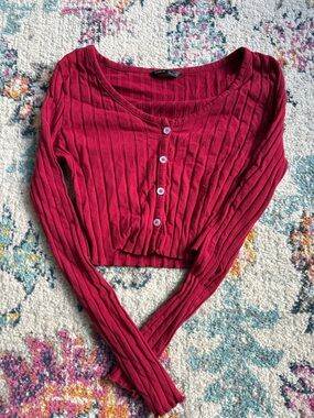 SHEIN Wine Red Ribbed Button-Front Cropped Top